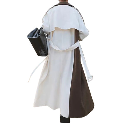 OUDINA Autumn Ladies Winter Coats Lapel Stitching Contrast Color Trench Long Coat for Women