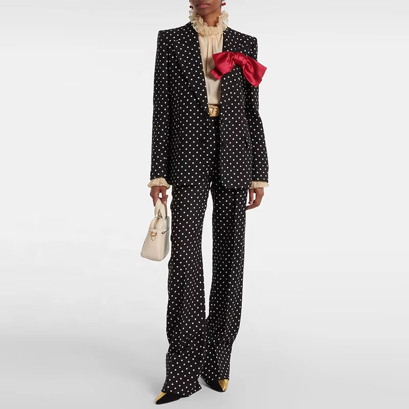 OUDINA Fast Shipping Elegant Bow Decoration Polka Dot Jacket Trousers Pants Blazers Two Piece Set Women'S Suits