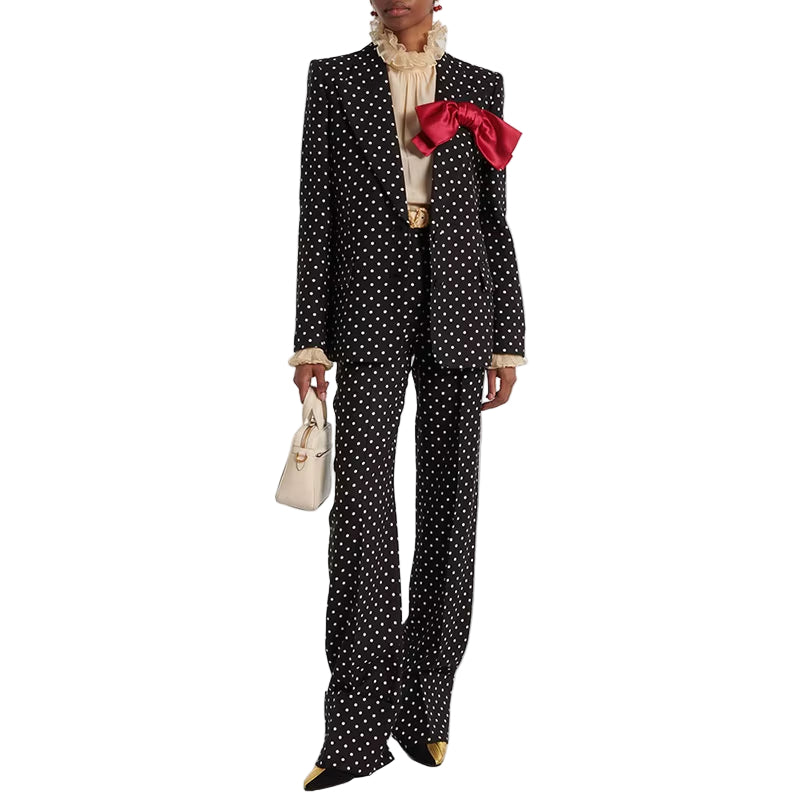 OUDINA Fast Shipping Elegant Bow Decoration Polka Dot Jacket Trousers Pants Blazers Two Piece Set Women'S Suits