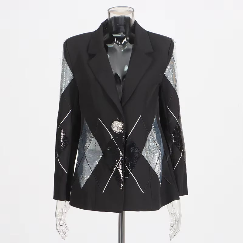OUDINA New High-End Casual Fashion Collage Sequin Design One Button Blazer Femmes Blazers for Women