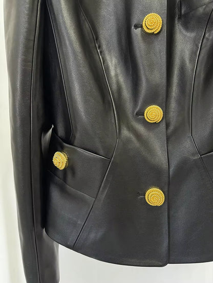 OUDINA American Fashion Elegant PU Snail Metal Button Blazers Jackets Coat Motorcycle Jackets Women Leather Jacket