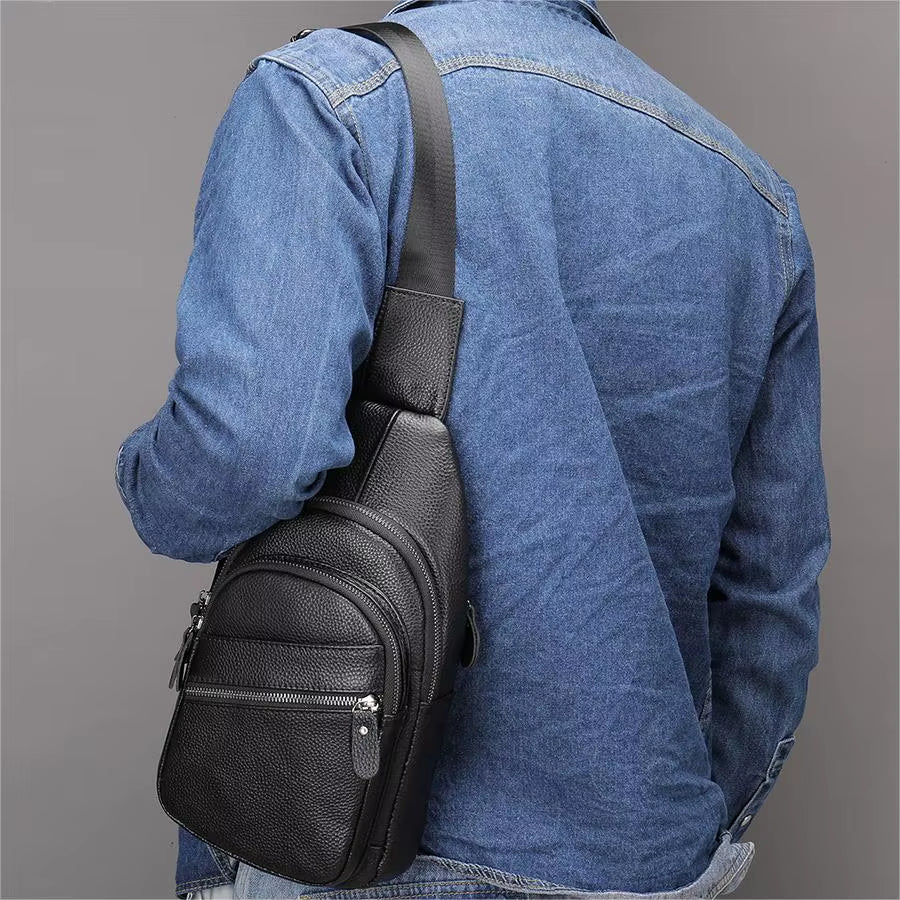 MARRANT Men'S Genuine Leather Waterproof Daypack Leather Chest Sling Bag Shoulder Crossbody Bag Chest Bags for Men