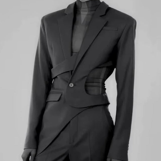 OUDINA Fashion New Elegant Burgundy Irregular Splice Hollow Women'S Suit Blazer Simple Ladies Jacket Solid Women Blazer