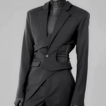 OUDINA Fashion New Elegant Burgundy Irregular Splice Hollow Women'S Suit Blazer Simple Ladies Jacket Solid Women Blazer