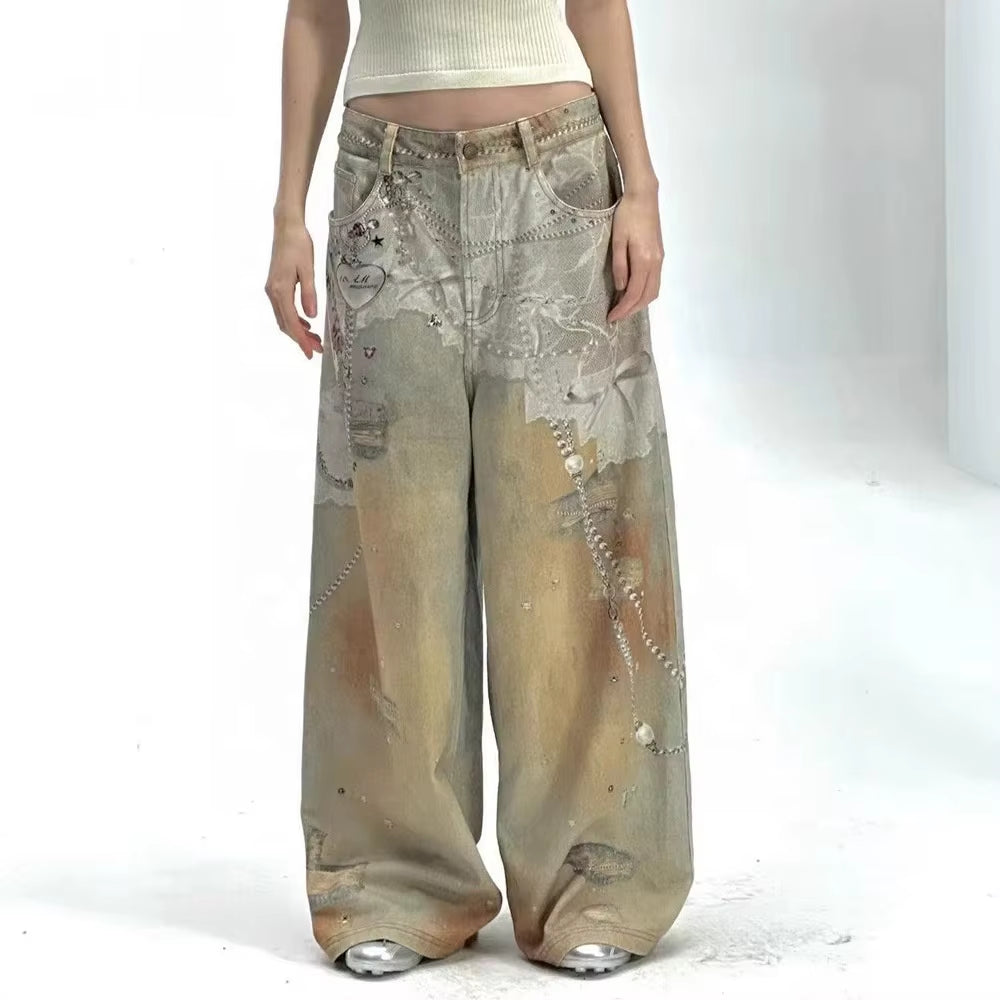 OUDINA Fashion Hollow High Waist Denim Pants Splicing Diamond Women Clothing Jeans Translucent Wide Leg Women'S Jeans
