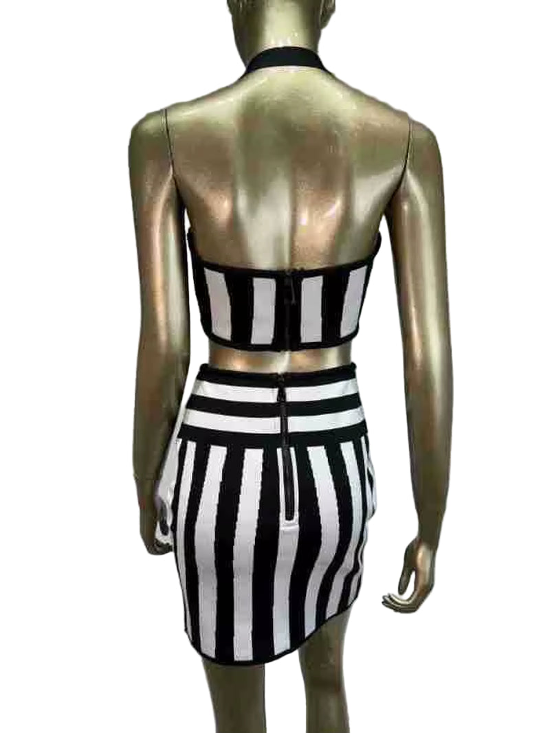 OUDINA Women New Sexy Two Piece Hollow Out Short Crop Top Casual Bodycon Dresses Club Dress Sets