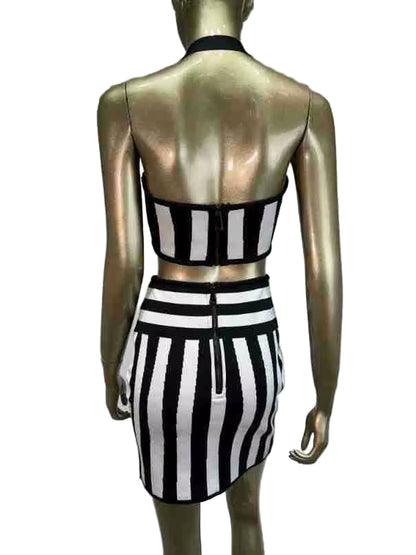 OUDINA Women New Sexy Two Piece Hollow Out Short Crop Top Casual Bodycon Dresses Club Dress Sets