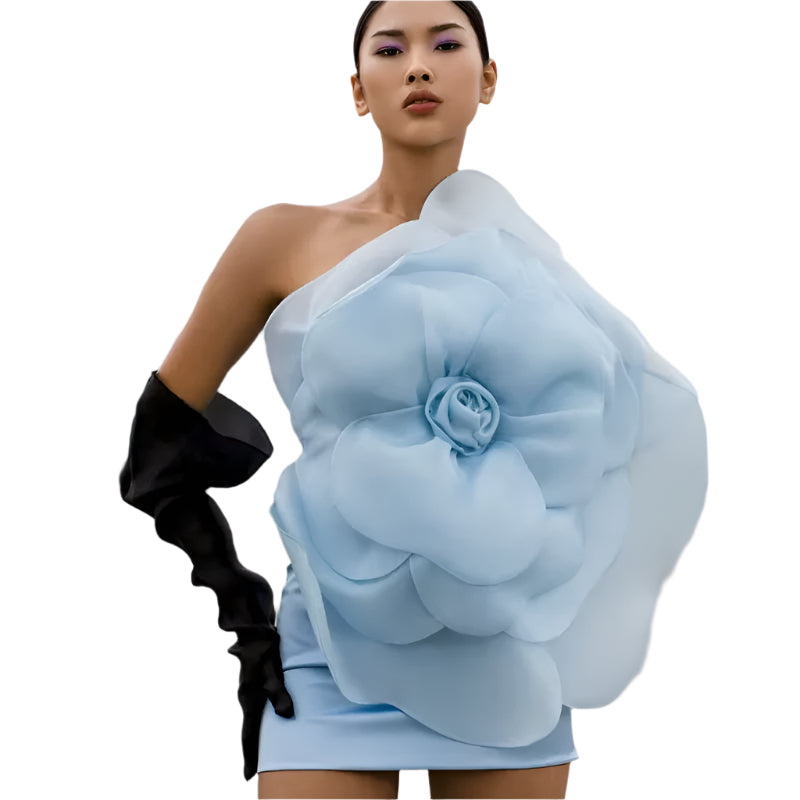 OUDINA New Stylish Oblique off Shoulder Flower Wedding Elegant Short Dress Luxury Evening Party Dresses Women