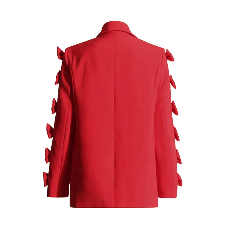 OUDINA Fashionable New Product Women'S Suits V Neck Spliced Bow Blazer Jackets Loose Straight Ladies Blazers