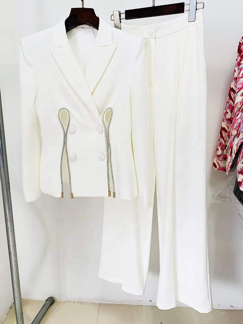 OUDINA Wholesale Trendy OEM Diamond Strip Straight Pants Profession Business Two Piece Set Ladies Blazer Suit for Women