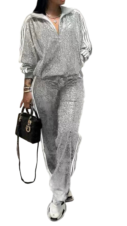 OUDINA Drop-Shipping Fashionable Sequin Pants Suit Autumn Casual Two Piece Set Women Clothing