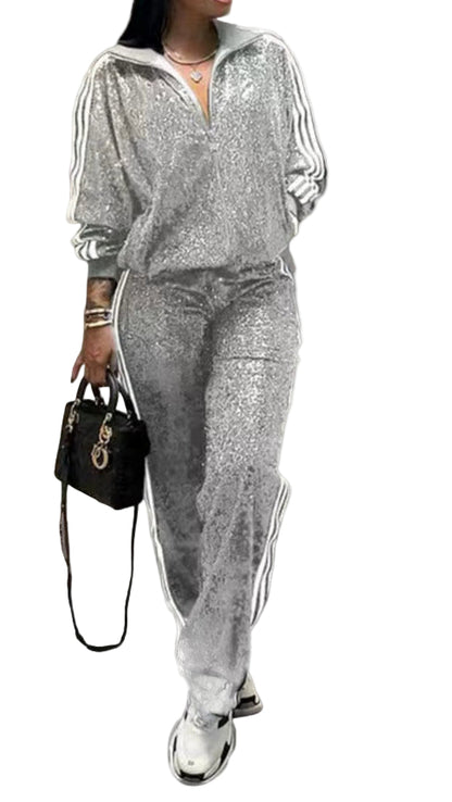 OUDINA Drop-Shipping Fashionable Sequin Pants Suit Autumn Casual Two Piece Set Women Clothing