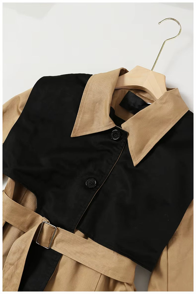 OUDINA New Arrivals Shawl-Style Irregular Contrast Color Winter Long Coat Tan Windbreaker Jacket for Ladies Women Trench Coats