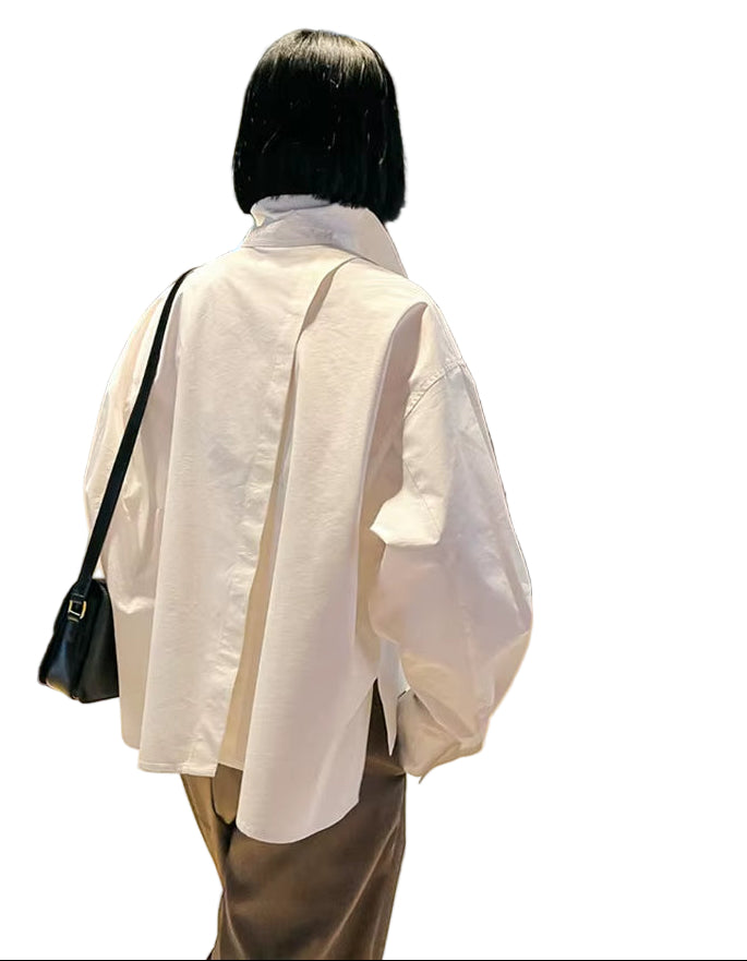 OUDINA French Retro Ruffle Patchwork Shirts for Ladies Spring New Asymmetrical Design Long-Sleeved Women Shirt