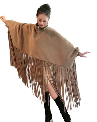 Bat Sleeve Turtleneck Fringed Coat