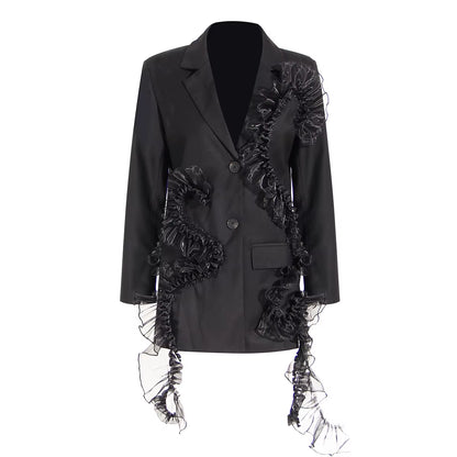 OUDINA New Stylish 2022 Blazer Tassel Casual Stitching Mesh Lace Ladies Midi Woman Blazers