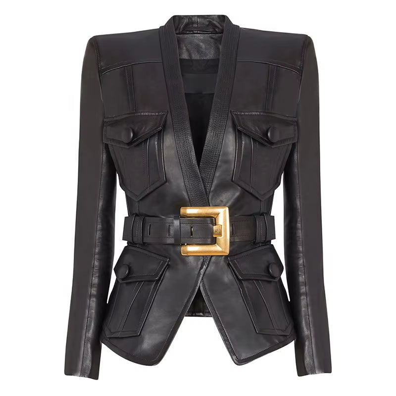 OUDINA New European Fashion Elegant Belt Slim plus Size Pu Jackets Coat Motorcycle Women'S Leather Jacket