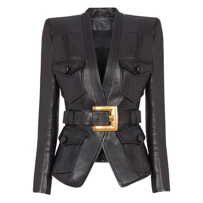 OUDINA New European Fashion Elegant Belt Slim plus Size Pu Jackets Coat Motorcycle Women'S Leather Jacket