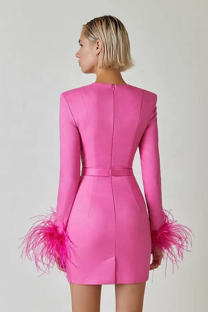 OUDINA New Fashion Long Sleeve Ostrich Feather Evening Party Wear Dresses Women Bandage Dress