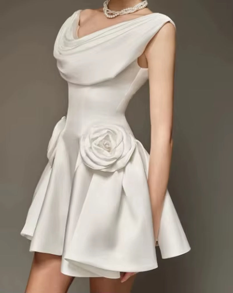 Temperament Style Satin Irregular Three Dimensional Flower Splicing Aline Dresses Elegant Dresses Women Lady Dress