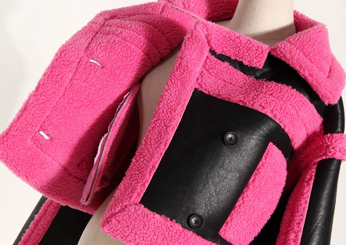 OUDINA Fashionable Winter Wholesale Cropped Contrast Color Motorcycle Jacket Faux Fur Coat Women