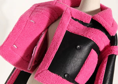 OUDINA Fashionable Winter Wholesale Cropped Contrast Color Motorcycle Jacket Faux Fur Coat Women