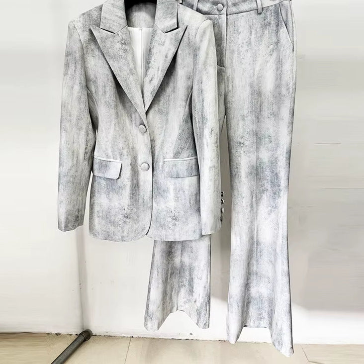 OUDINA Customize OEM&ODM Two Piece Tie Dye Print Mid-Length Suit Blazer Sets Jacket Elegant Pants Women'S Suit