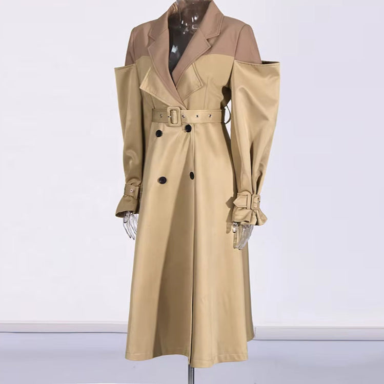 OUDINA Fashion Splice Contrast Color Long Double-Breasted Sashes Elegant Coat Casual Trench Coat Simple Women'S Coats