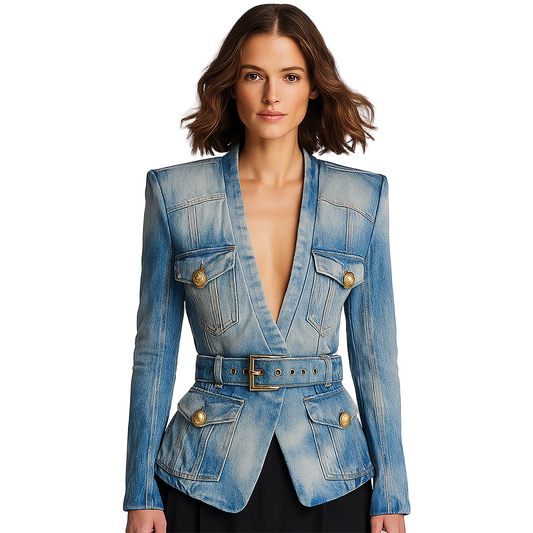 Sophisticated Azure Sculpt Denim Blazer with Belt for Effortless Elegance