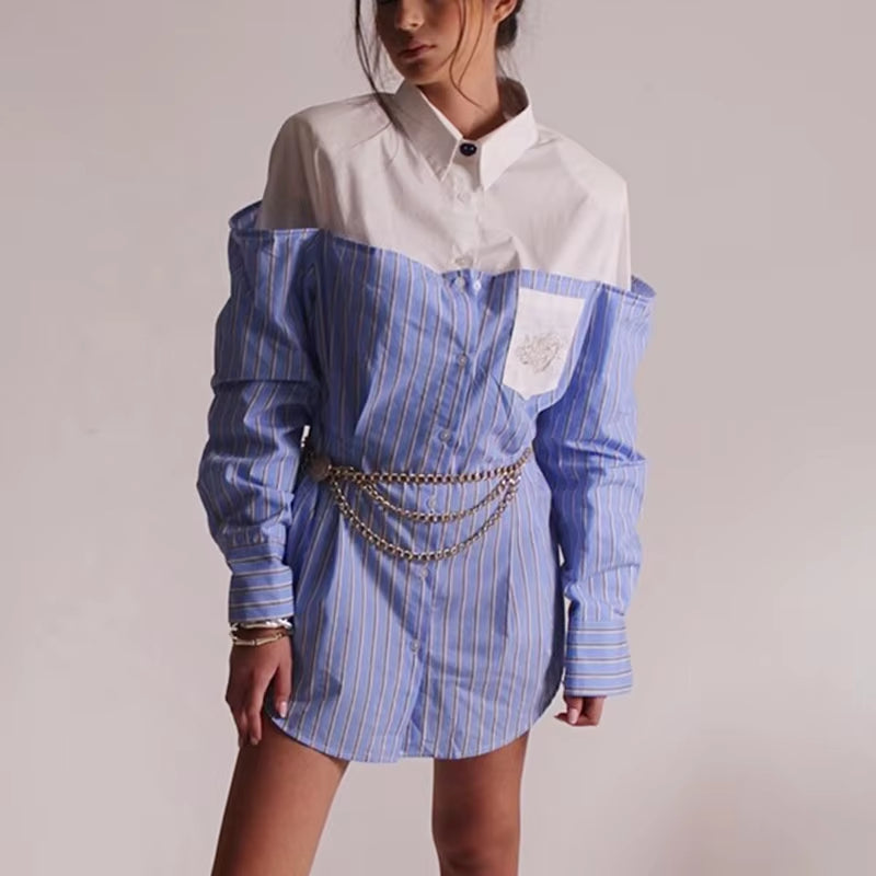 OUDINA High Fashionable Contrast Color Pocket Embroidery Casual Striped Long Sleeve Elegant Women'S Polo Shirts Blouses Shirts