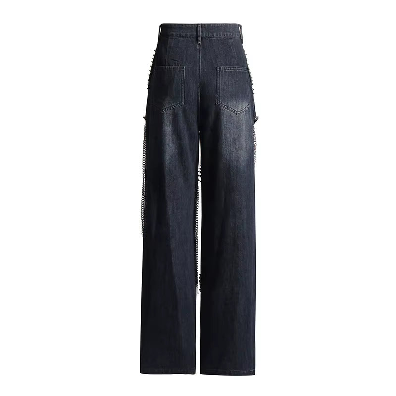 OUDINA Fashion Rivet Jeans for Women High Waist Hollow Women'S Denim Jeans Streetwear Straight Women'S Jeans