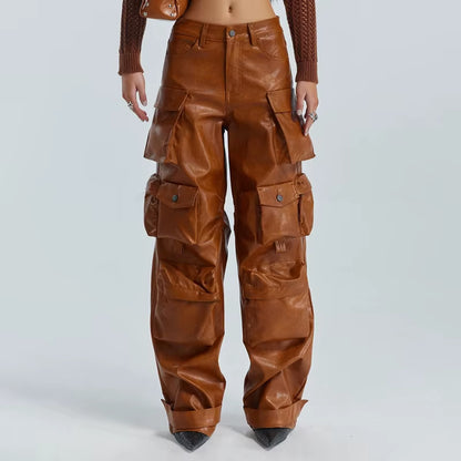 OUDINA Stylish Street Customize PU Trousers High Waist Baggy Mujer 6 Pocket Cargo Pant Wide Leg Women Leather Pants