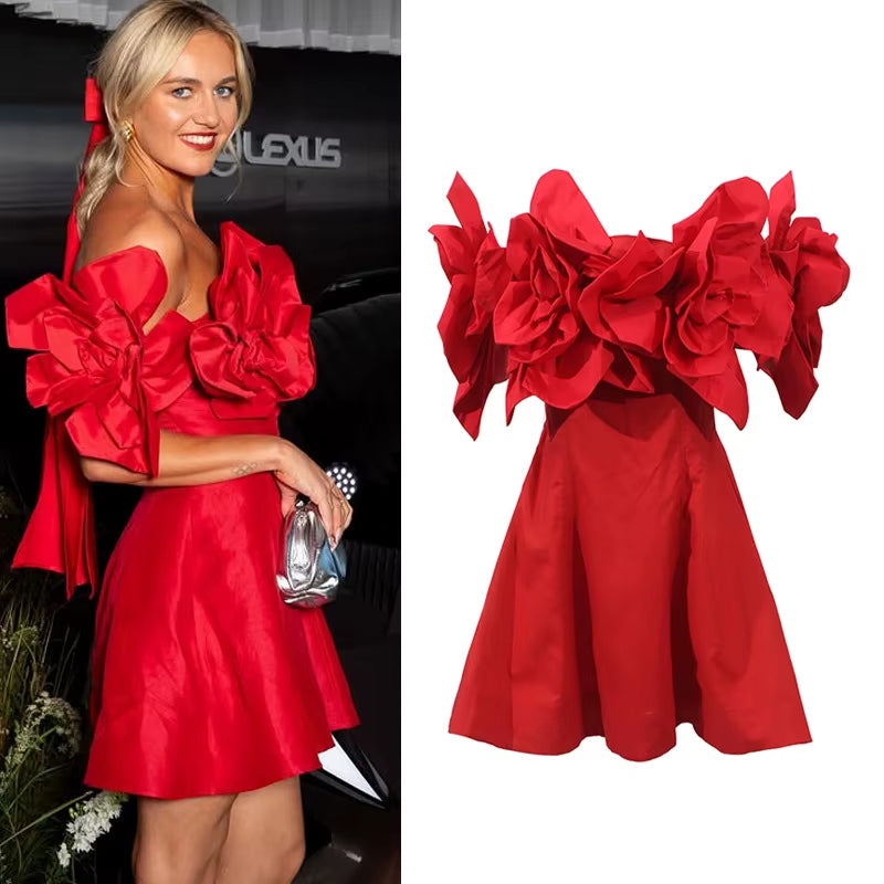 Factory Wholesale Three Dimensional Big Flower Splicing off Shoulder Solid Color Waist Short 2025 Prom Dresses Evening Dress
