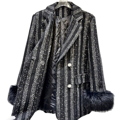 OUDINA in Stock Private Label High Fashion Customize Asymmetric Fur Blazers Suits Jacket Women Blazer