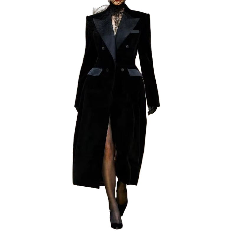 OUDINA European New Winter Luxury Velvet Patchwork Leather Collar Trench Long Coat Jacket Women'S Coats