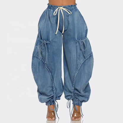 OUDINA Fashion Casual Elastic Waist Drawstring Bow Women'S Cargo Jeans High Waist Jeans Simple Women'S Jeans