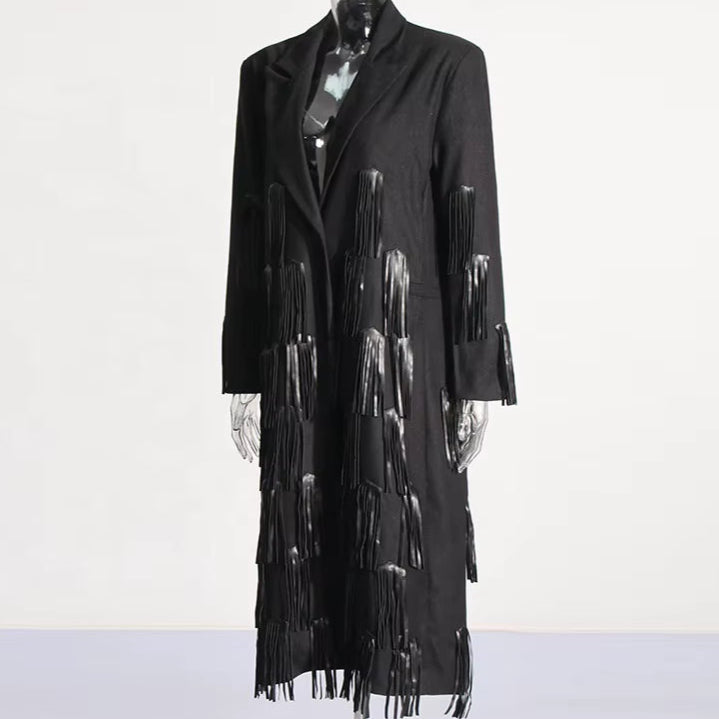 OUDINA Australian Show Style Fashion Spring New Design Leather Splicing Tassel Windbreaker Women'S Long Coat