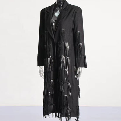 OUDINA Australian Show Style Fashion Spring New Design Leather Splicing Tassel Windbreaker Women'S Long Coat