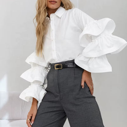 OUDINA New Arrivals Niche Design Sense White Shirts Solid Color Casual Long Sleeve Women Shirt