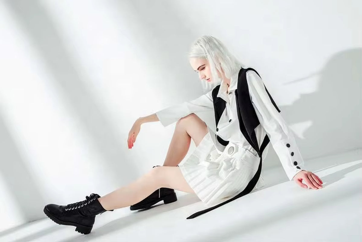 OUDINA Fashion Lady Lace White Two Piece Shirt and Vest Set Pleated Mid-Length Shirt Top for Women Blouses Shirts