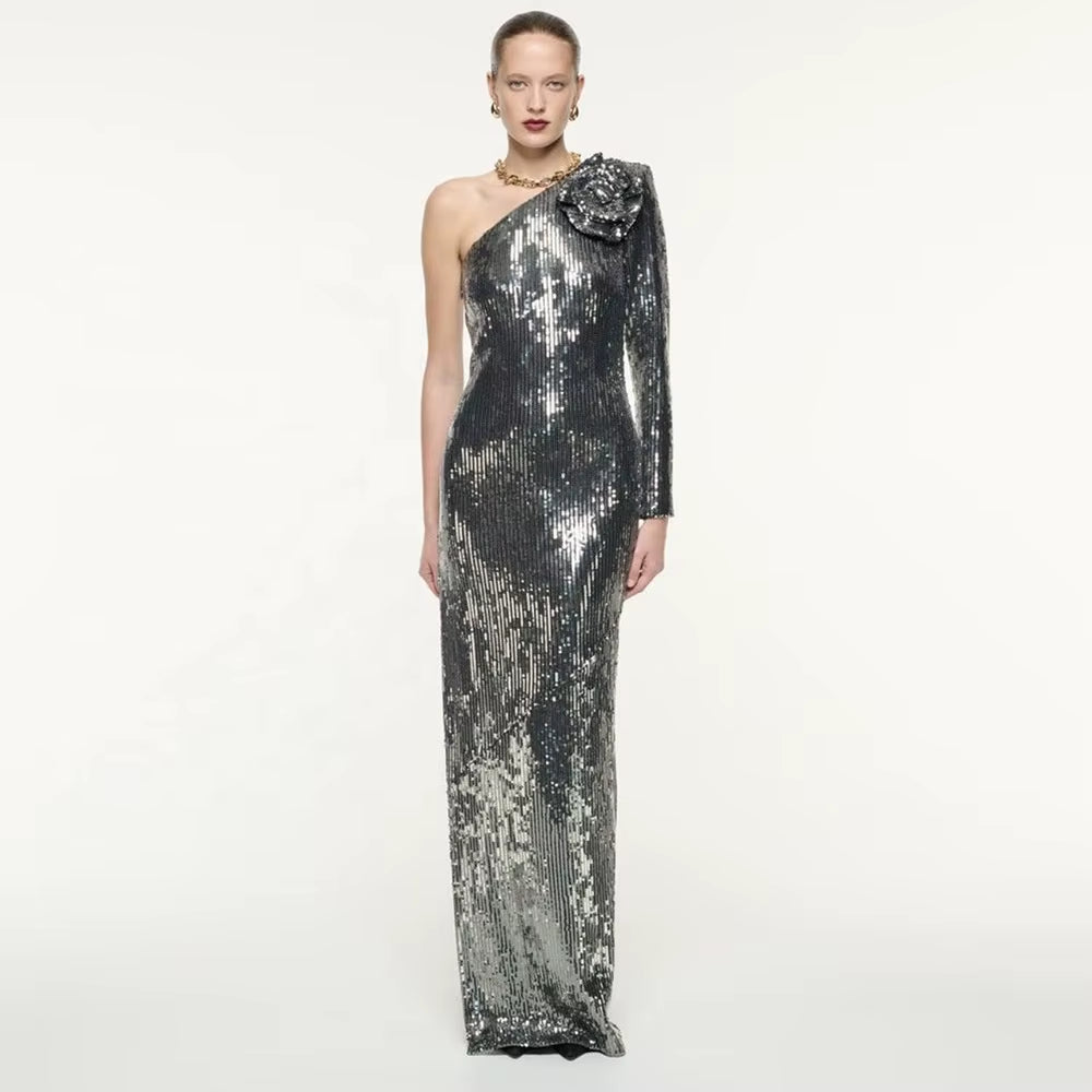 OUDINA New Clothing Irregular Sloping Shoulder Women Lady Elegant Dresses Women'S Casual Long Dress