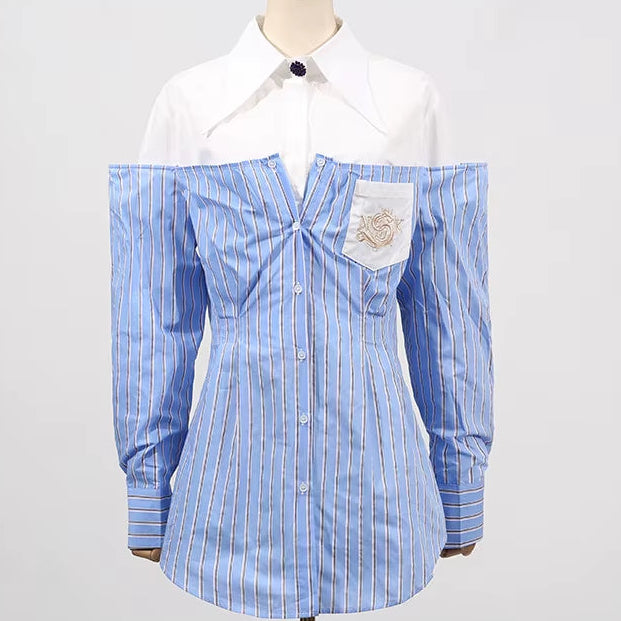 OUDINA High Fashionable Contrast Color Pocket Embroidery Casual Striped Long Sleeve Elegant Women'S Polo Shirts Blouses Shirts