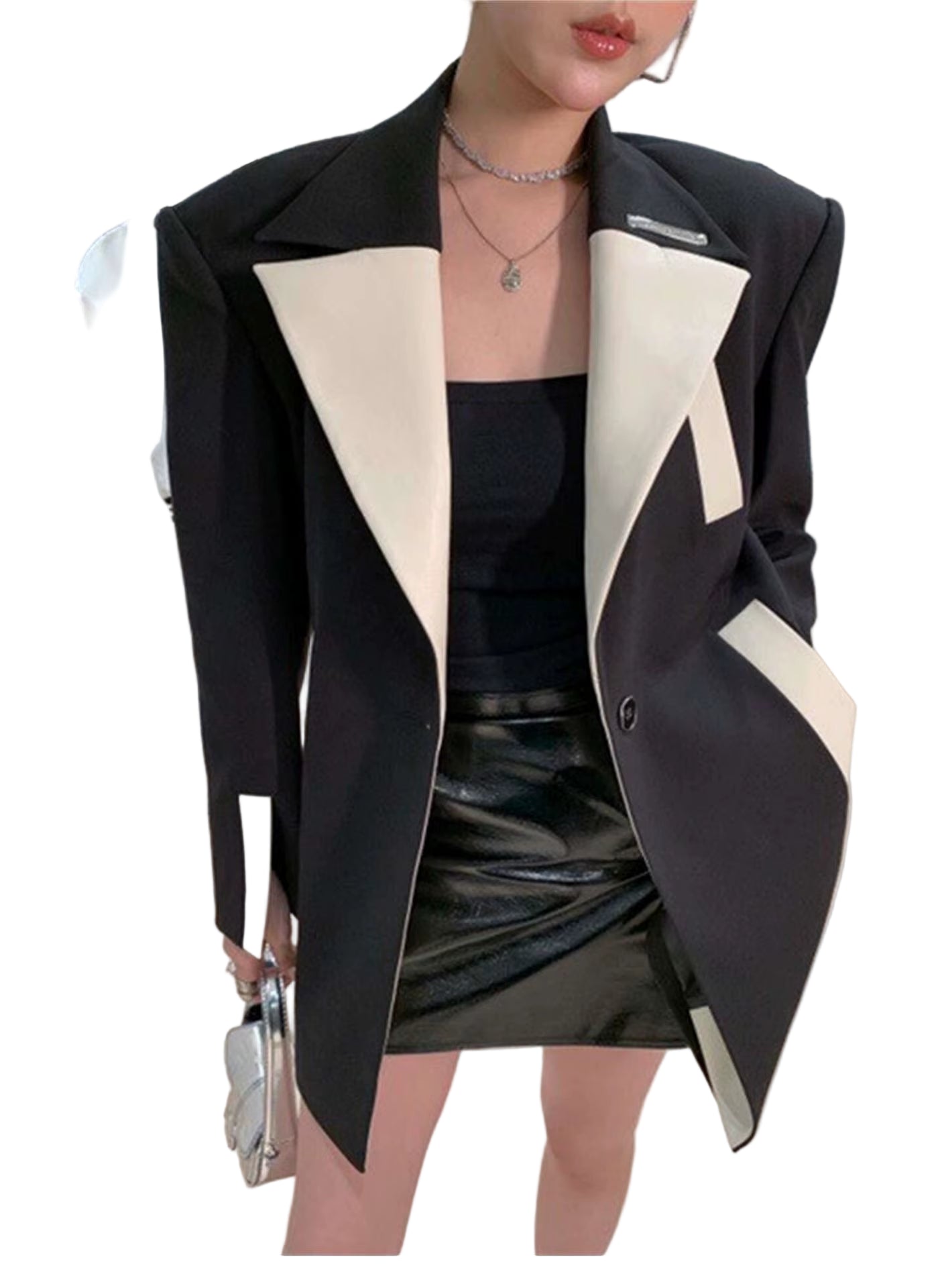 OUDINA Niche Product Cool Leather Collar Black Elegant Woman Blazer Jacket Ladies Blazers