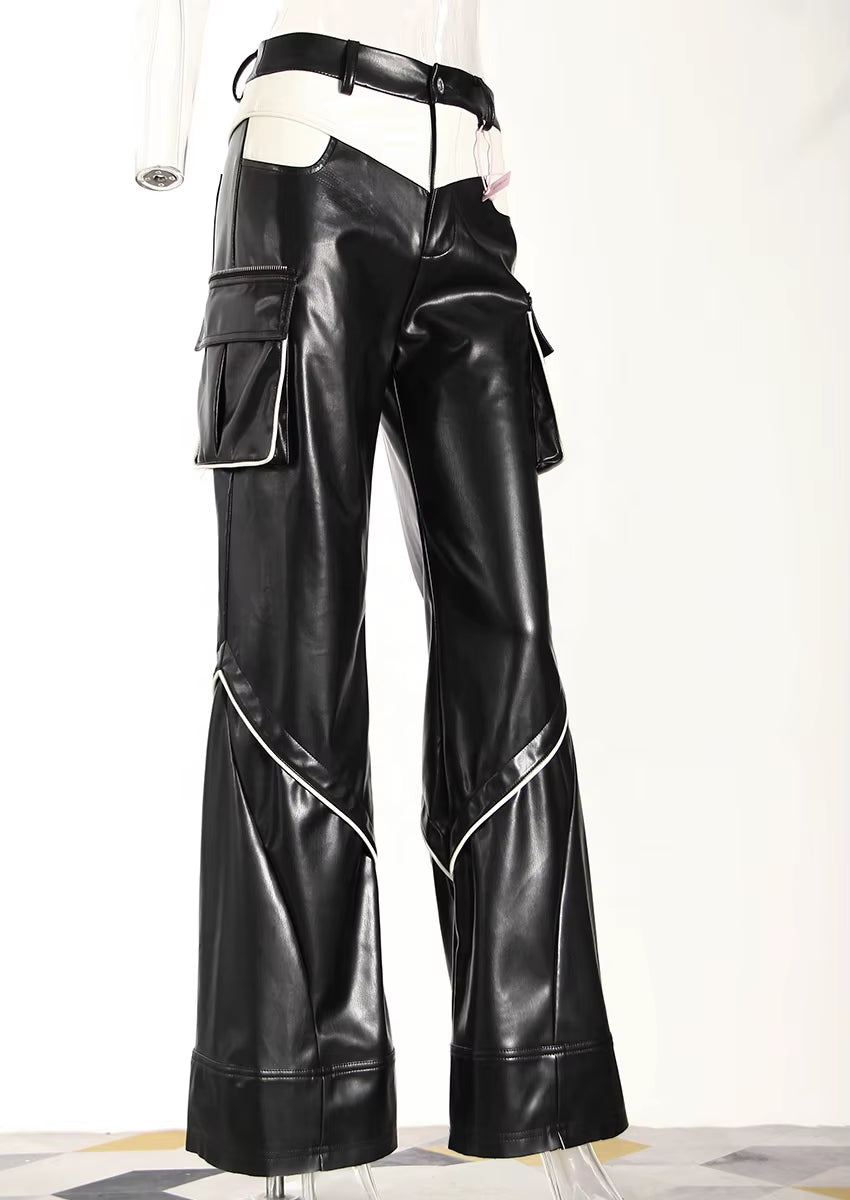 OUDINA in Stock New Fashion Casual Splice Straight Pants Contrasting Colors Women Pants PU Wide Leg Pants