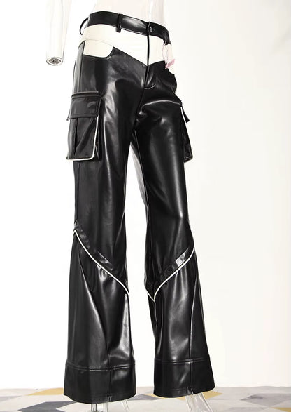 OUDINA in Stock New Fashion Casual Splice Straight Pants Contrasting Colors Women Pants PU Wide Leg Pants
