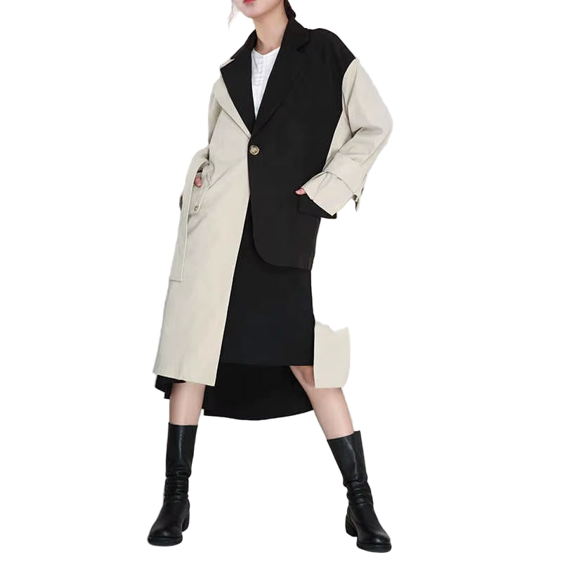 OUDINA New Asymmetrical Contrast Stitching Blazer Windbreaker Coat Ladies Winter Long Trench Coat
