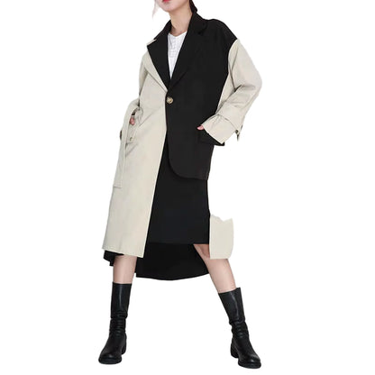 OUDINA New Asymmetrical Contrast Stitching Blazer Windbreaker Coat Ladies Winter Long Trench Coat