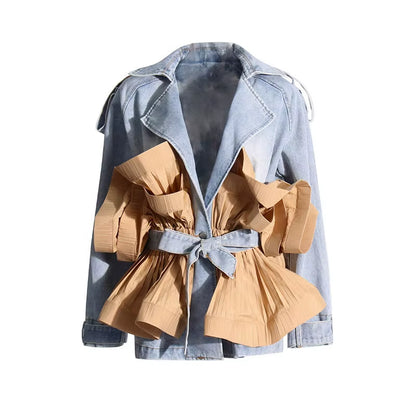 OUDINA Fashionable Contrast Color Women'S Denim Jackets & Coats Casual Ruffles Women Denim Jacket Splice Pleats Women'S Jackets