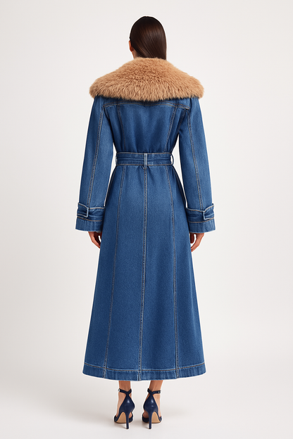 Denim Luxe Longline Coat with Faux Fur Collar