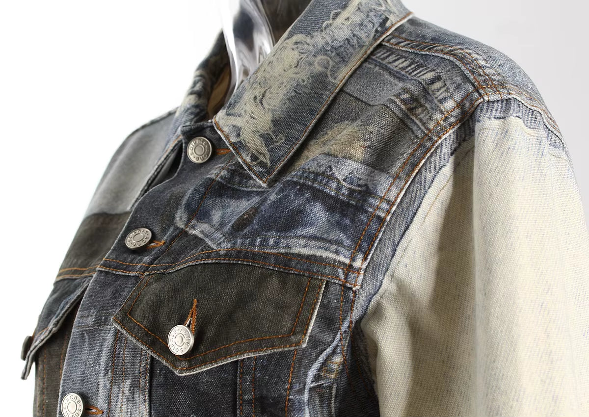 OUDINA Street Fashion Casual Patchwork Leisure Vintage Print Jean Jackets Denim Jacket for Women